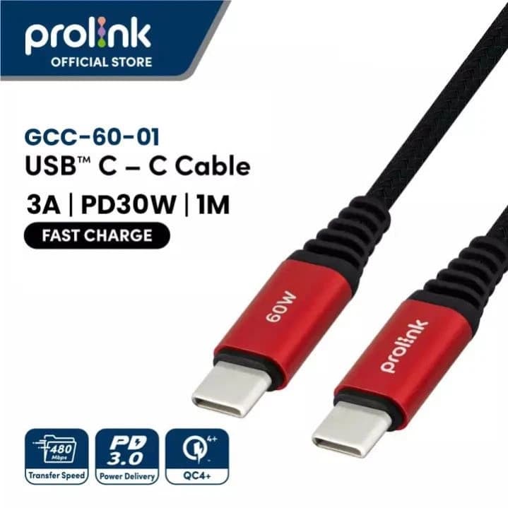 Prolink Fast Charge 60W USB C-C PD Cable Nylon Braided (For Laptop/ Phone/ Nintendo Switch) 1m cable - GCC-60-01