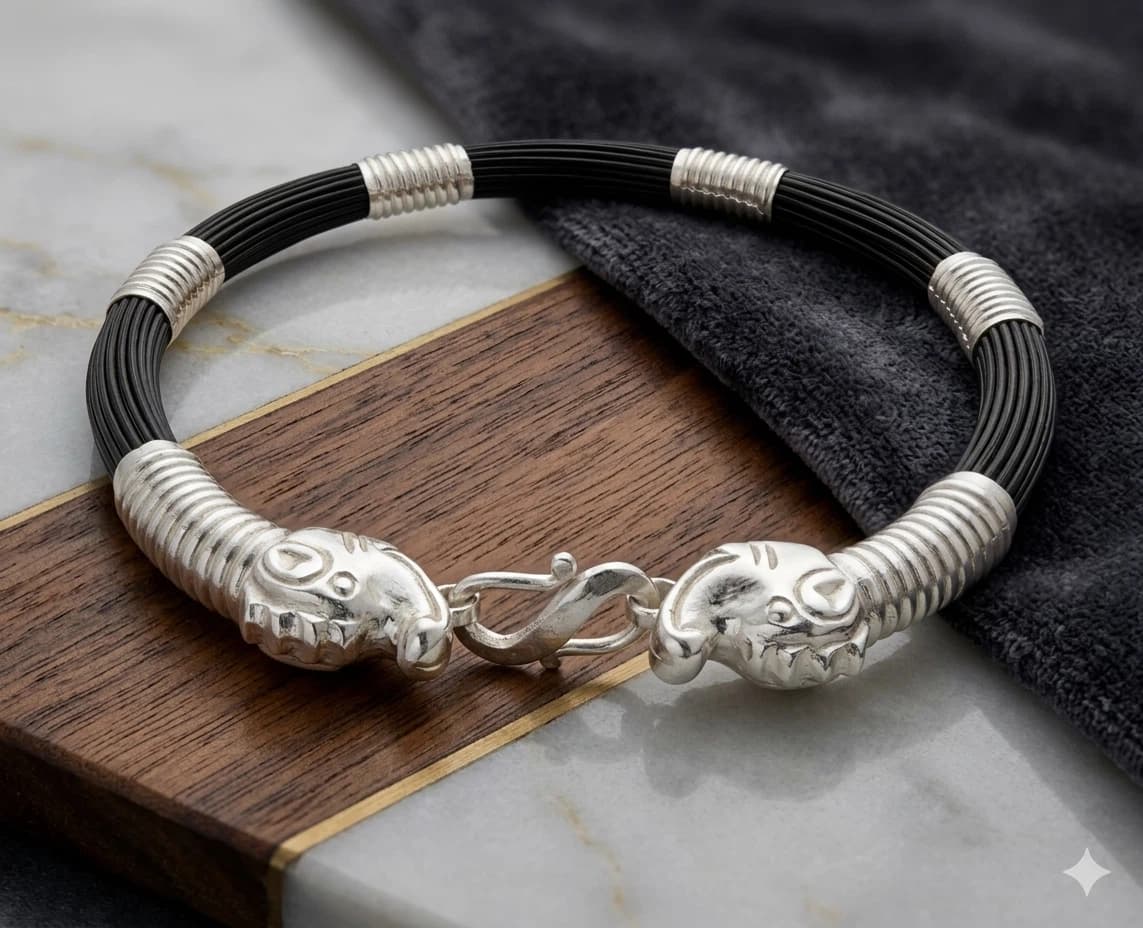 PURE SILVER HATHI TAUKE ( BLACK RUBBER PUCHCHHAR )  BALA FOR MEN
