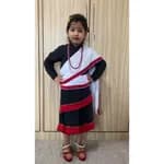 Girl Newari Traditional Saree Set Bhoto And Readymade Saree Patuki With Red Boarder Muga Red Mala Silver Plated Jyapu Shikhaa Sachika For Hair Bond Gold Plated Ear Ring Makasi Gold Plated Nyapu Shikhaa Silver Plated Kale