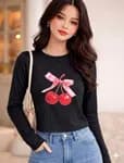 \"Fashion Cherry Print Crew Neck T-shirt Y2K Long Sleeve Tight Fit Crop Top\"