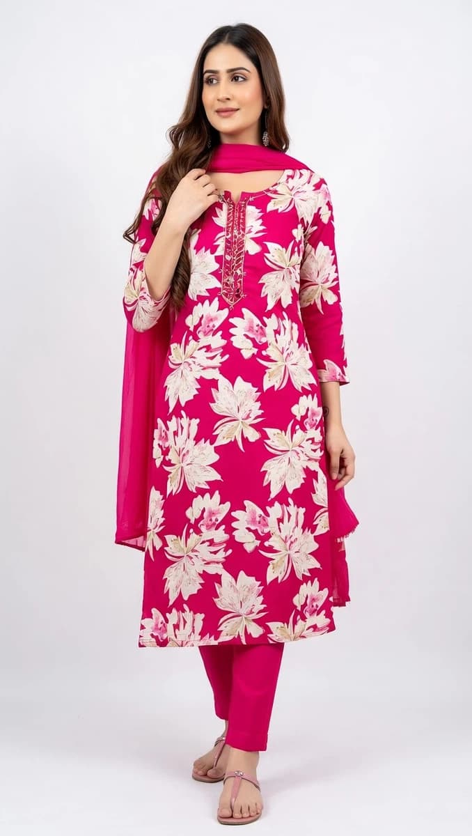red frolar print kurti set