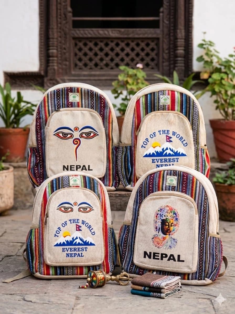 Handmade Nepali Natural Hemp Backpack - Authentic Eco-Friendly Travel & College Bag with Buddha Eyes / Everest Print for Men & Women