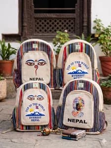 Handmade Nepali Natural Hemp Backpack - Authentic Eco-Friendly Travel & College Bag with Buddha Eyes / Everest Print for Men & Women