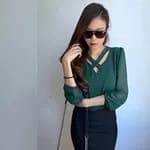 V-Neck Summer Long Sleeves Chiffon Front Cross Choker Neck Plain  T-Shirt