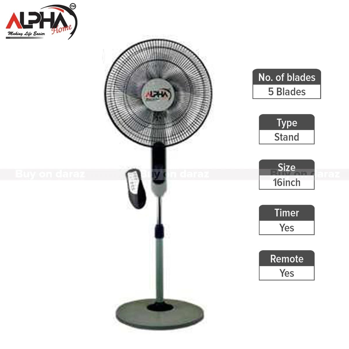 Alpha Home Touch Pannel Stand Fan Remote 9 Hrs Timer