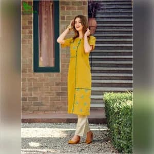 FuLoo's Olive Pure Cotton Pattern Designer Embroidered Kurti for Women (ONLY KURTI) #04
