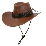 Unisex Premium Black Faux Leather Cowboy Hat - Retro Western Style Wide Brim Outing Cap with Studded Belt and Adjustable Chin Cord for Men & Women