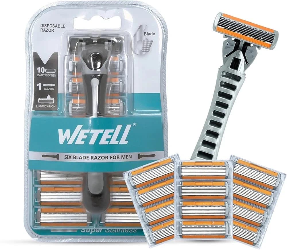 Wetell 6 Blade Razor For Men Shaving Kit - 1 Reusable Handle With 10 Replacement Cartridges Shaving Blades Pack