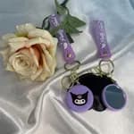 Kawaii Kuromi Purple Keychain Set - Cute Silicone Cartoon Keyring with Mini Pocket Mirror & Wrist Strap Bag Charm Gift for Girls