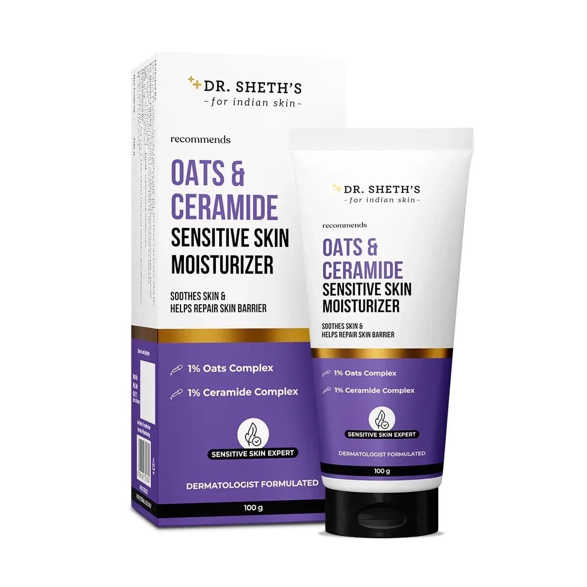 Dr. Sheth's Oats & Ceramide Sensitive Skin Moisturizer | Oil-Free | 1% Oats Complex & 1% Ceramide Complex | Soothes & Reduces Irritation | Strengthens Skin Barrier | Light Weight, Non-Sticky | Men & Women | 100 g