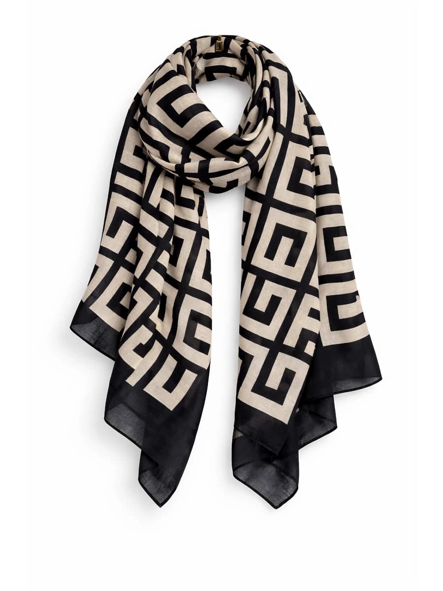 Quecy Women Printed Silk Satin Scarf | Black Printed Stylish Modern Design Stole For Women Rectangle | 180*85 CM