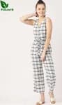 FuLoo's White & Black Check Jumpsuit for Women