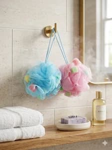 Premium Mesh Bath Loofah Sponge Puff with Soap Cubes – Body Scrubber Shower Ball Skin Exfoliator Foam Maker for Men & Women