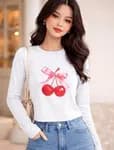 \"Fashion Cherry Print Crew Neck T-shirt Y2K Long Sleeve Tight Fit Crop Top\"