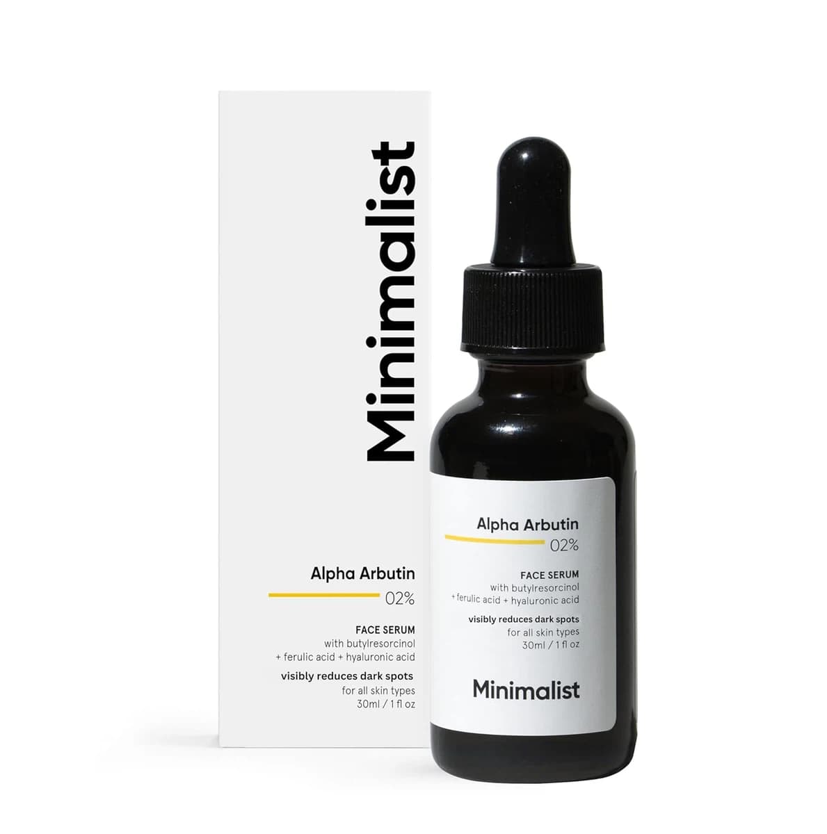 Minimalist Dark Spots Removal Serum with 2% Alpha Arbutin for Hyperpigmentation | Reduces Blemishes, Acne Marks & Tanning with Hyaluronic Acid & Butylresorcinol | For Women & Men | 1FL OZ/30 ml