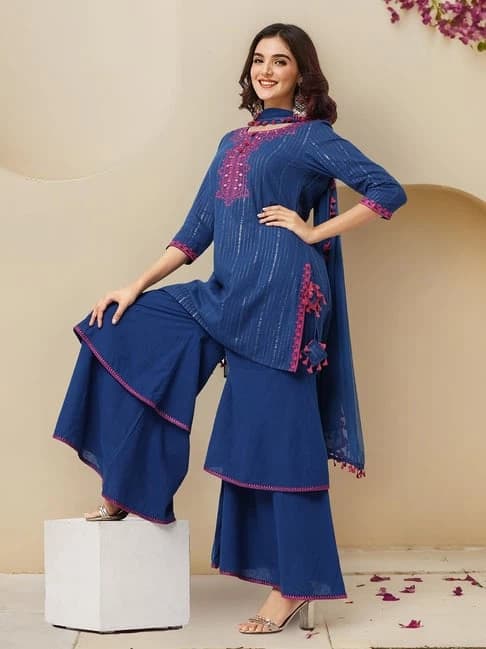 🌼Navy blue PURE COTTON embroidered kurta with layered sharara set🌼