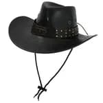Unisex Premium Black Faux Leather Cowboy Hat - Retro Western Style Wide Brim Outing Cap with Studded Belt and Adjustable Chin Cord for Men & Women