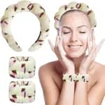 3Pcs Pink Leopard Print Spa Headband and Wristband Set - Puffy Sponge Makeup Hairband & Water Absorbent Wrist Washbands Skincare Combo Pack for Women & Girls