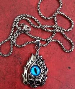 Retro Gothic Blue Evil Eye Protection Pendant Necklace for Men Stainless Steel Punk Dragon Flame Skull Chain
