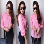 V-Neck Summer Long Sleeves Chiffon Front Cross Choker Neck Plain  T-Shirt