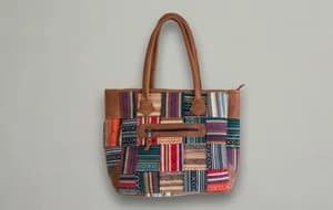 Handmade Cotton & Leather Patchwork Tote Bag for Women - Multi-Color Woven Shoulder Bag with Zipper Closure