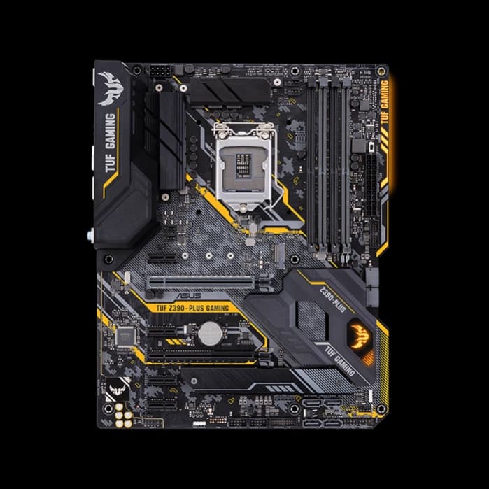 ASUS TUF Z390-PLUS GAMING, Intel Z390 ATX gaming motherboard with OptiMem II, Aura Sync RGB LED lighting, DDR4 4266+ MHz support, 32Gbps M.2, Intel Optane memory ready, and native USB 3.1 Gen 2.