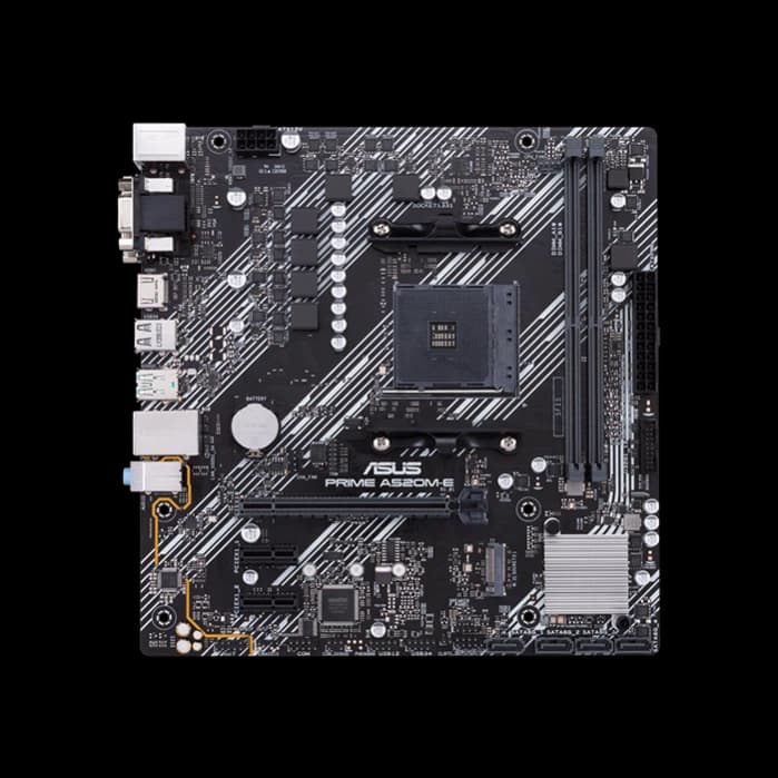 ASUS AMD A520 (Ryzen AM4) micro ATX motherboard with M.2 support, 1 Gb Ethernet, HDMI/DVI/D-Sub, SATA 6 Gbps, USB 3.2 Gen 2 Type-A, and Aura Sync RGB lighting support