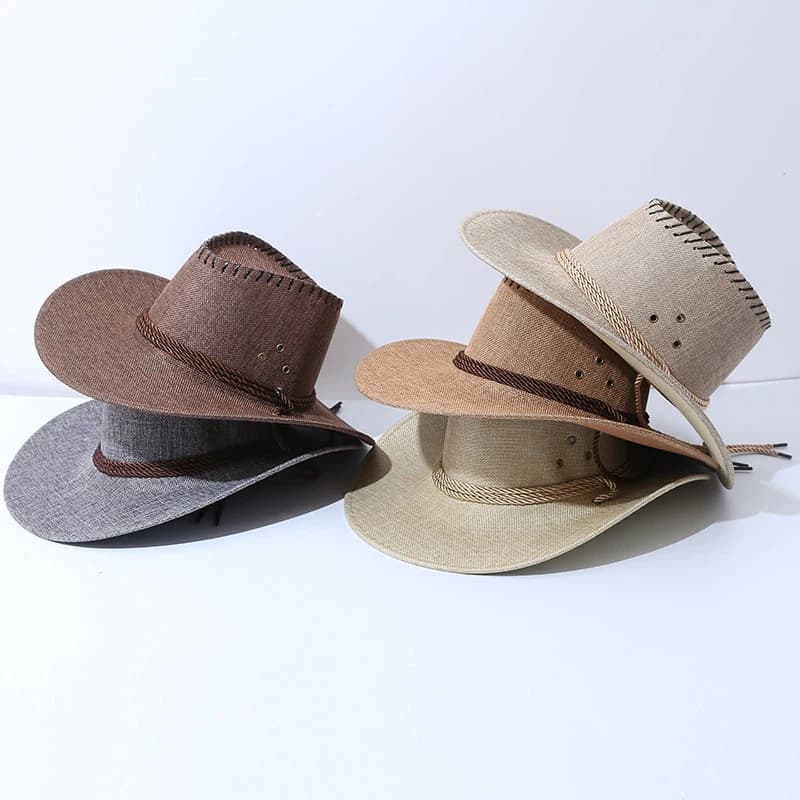 Unisex Wide Brim Linen Straw Cowboy Hat - Breathable Summer Beach Sun Protection Cap with Adjustable Wind Rope for Men & Women