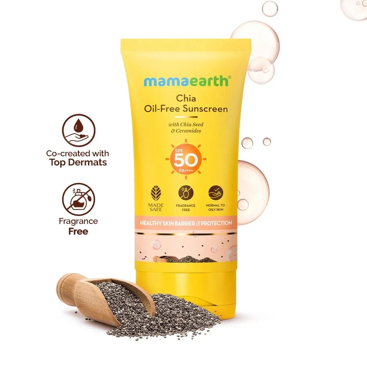 Mamaearth Chia Oil-Free Sunscreen SPF 50 PA++++ – In-Vivo Tested (ISO 24444:2019 Certified, CTRI/2025/05/086630) - 50g
