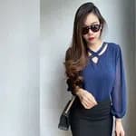 V-Neck Summer Long Sleeves Chiffon Front Cross Choker Neck Plain  T-Shirt