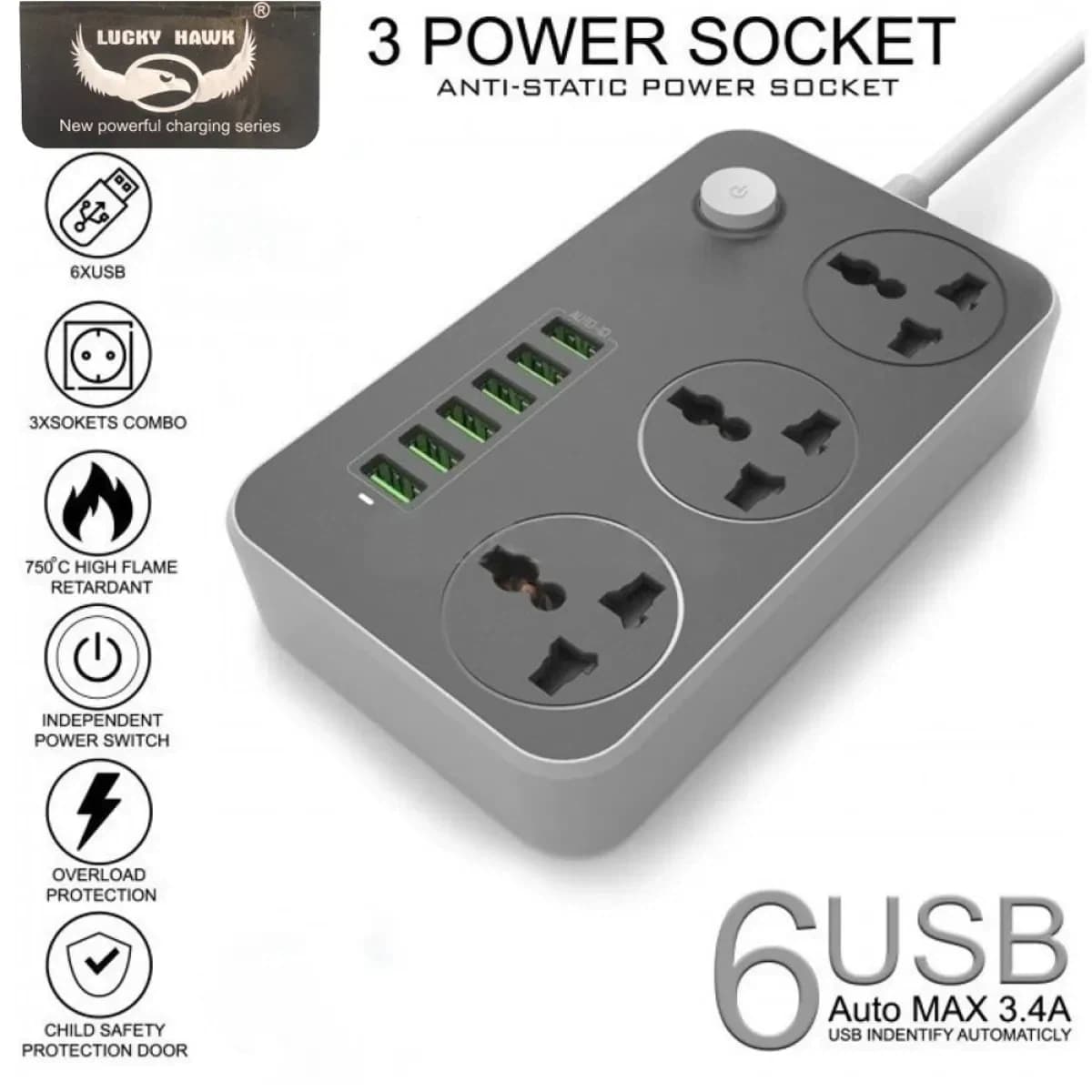 Lucky Hawk USB Port Auto Max 3.4A + 3 Anti-Static Power Socket Extension Power Cord 3 Socket Extension Boards  (2 m, With USB Port)