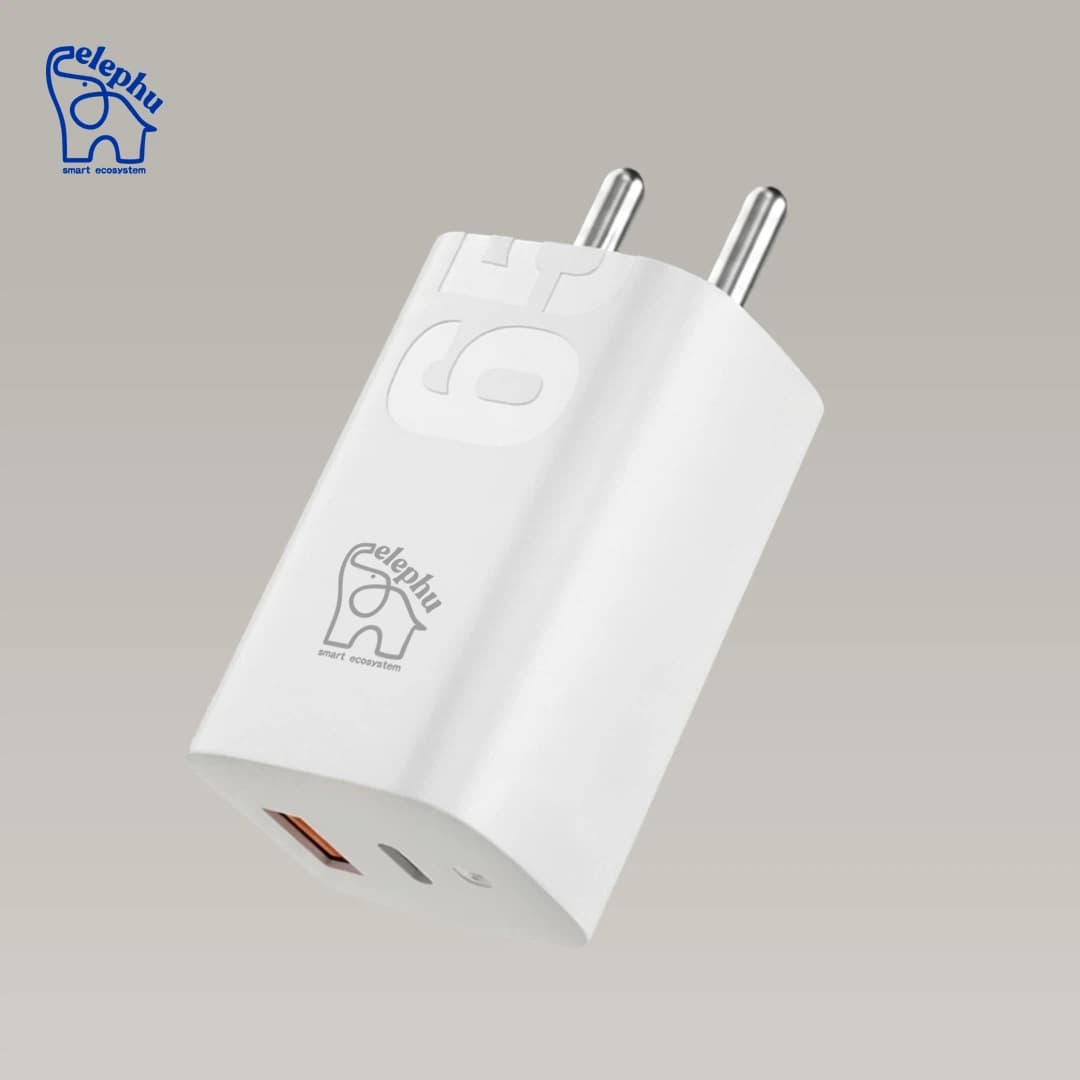 Elephu ep-65U| Super-Fast Charger| Dual Port (Type C and USB) | Type C To C Fast Cable Included|
