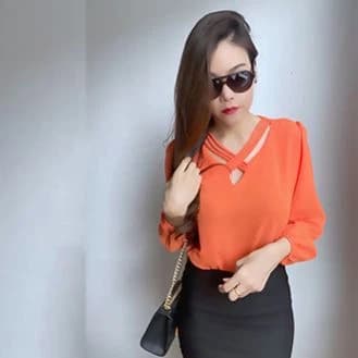 V-Neck Summer Long Sleeves Chiffon Front Cross Choker Neck Plain  T-Shirt