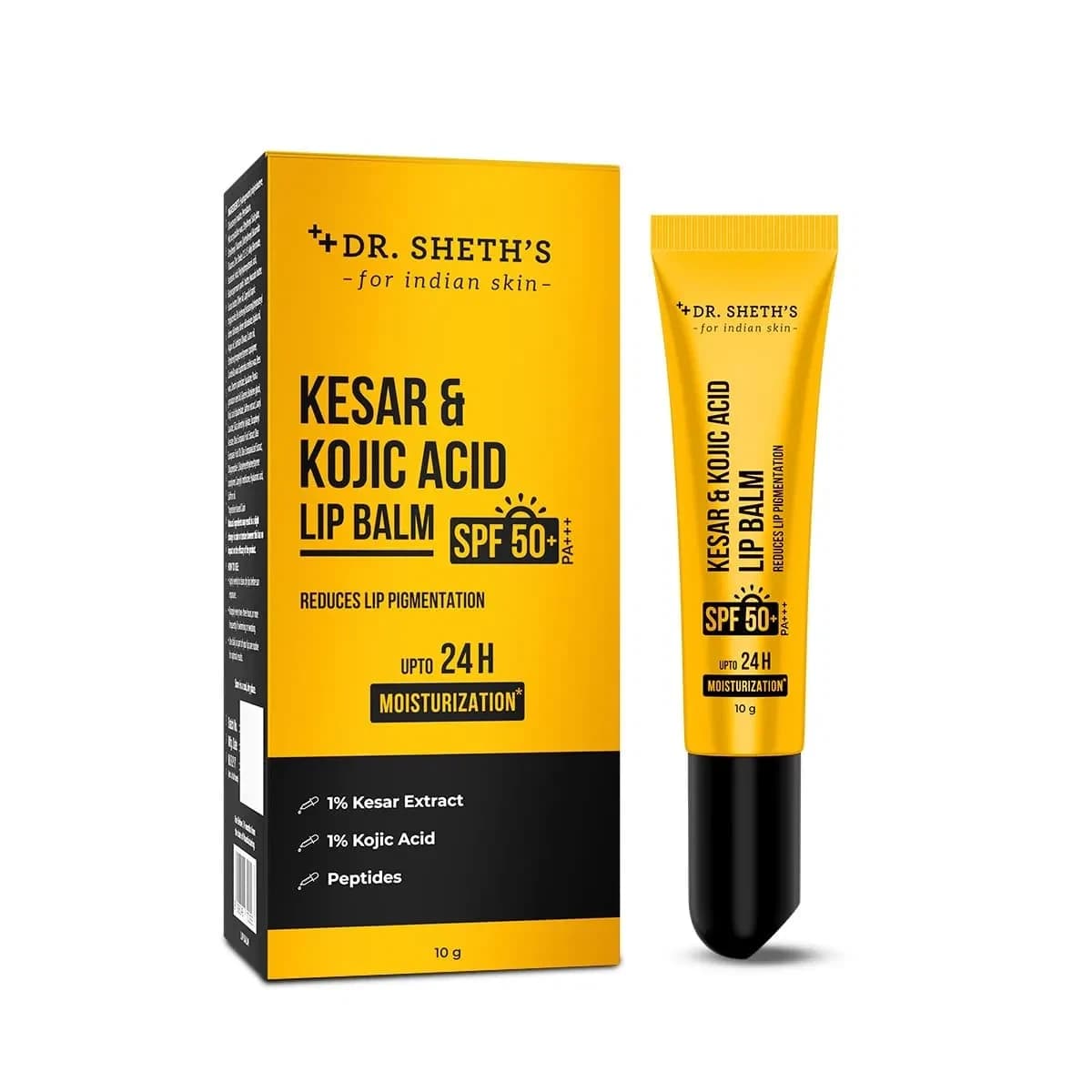 Dr. Sheth's Kesar & Kojic Acid Lip Balm|Reduces Lip Pigmentation|SPF 50+ PA+++|24H Moisturization|Non Sticky|Lightweight|For Dark,Dry,Flaky Lips|Natural Oils & Butters|All Genders|10g