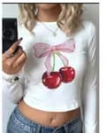 Women\'s Long Sleeve Cherry Print Crop Top