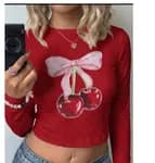 Women\'s Long Sleeve Cherry Print Crop Top