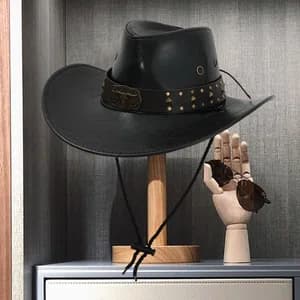 Unisex Premium Black Faux Leather Cowboy Hat - Retro Western Style Wide Brim Outing Cap with Studded Belt and Adjustable Chin Cord for Men & Women