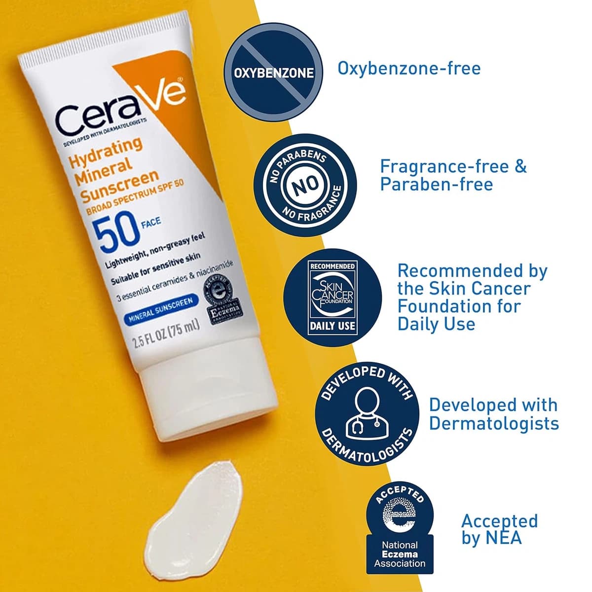 CeraVe Face Sunscreen SPF 50 (75ml) - 100% Mineral Filter with Ceramides & Niacinamide - Fragrance-Free