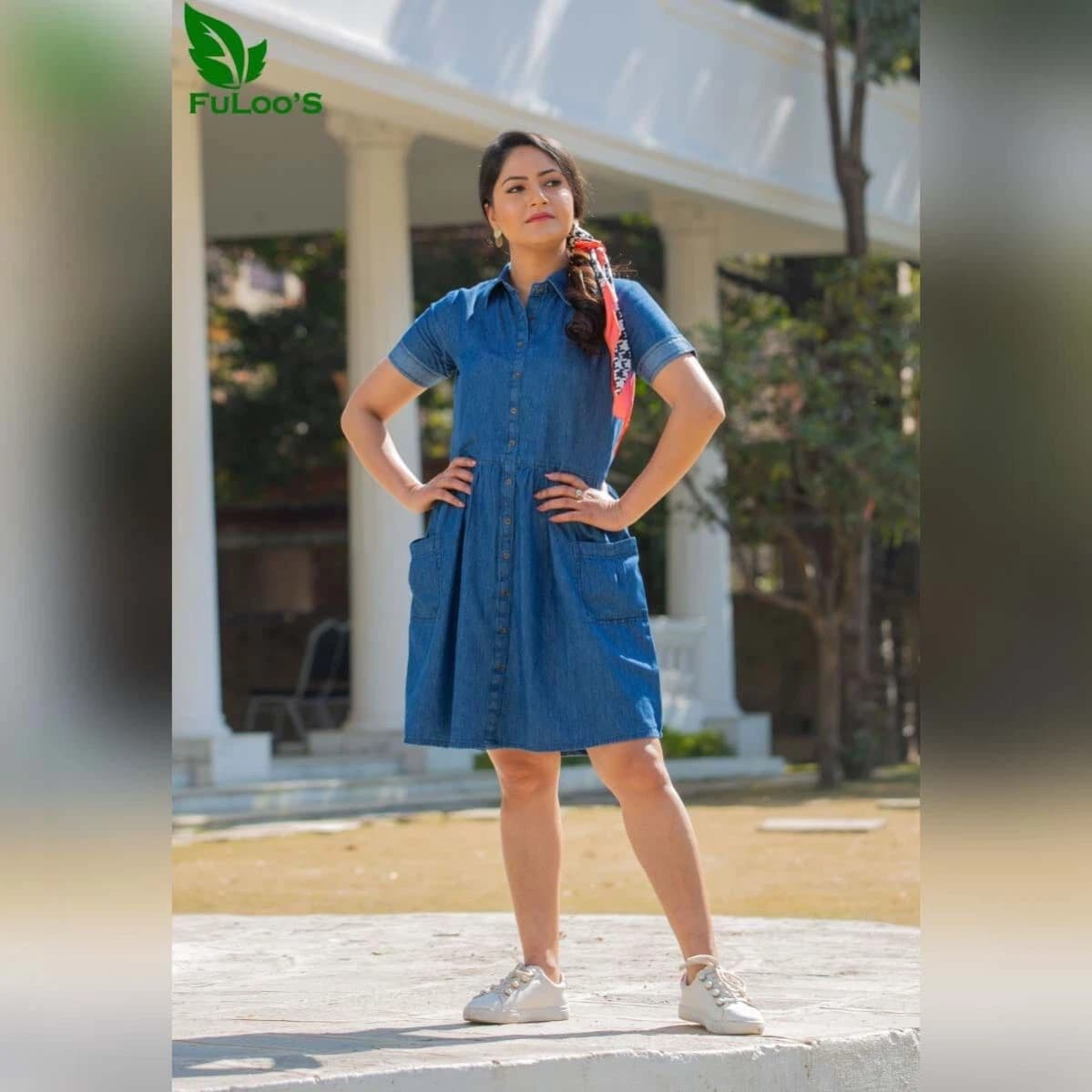 Fuloo's Lima Blue Solid Denim Dress for Women.