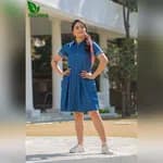 Fuloo's Lima Blue Solid Denim Dress for Women.