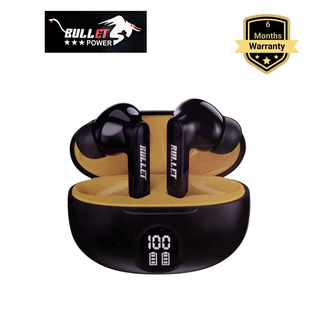 Bullet Power Pro-14 Stereo Headset True Wireless Earbuds TWS Bluetooth 5.3 with LED Display & Hi-Fi Audio - Black/Yellow