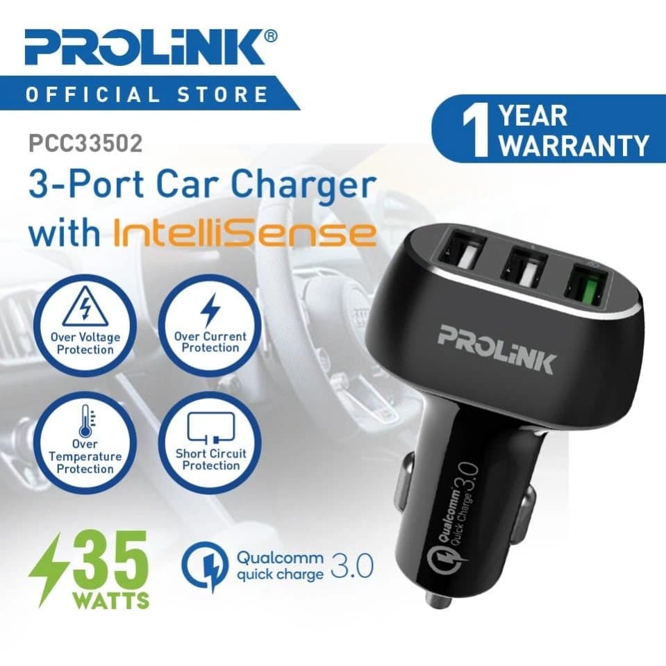 Prolink 3-Port Car Charger with Intellisense 35w - PCC33502