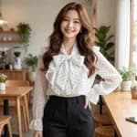 Elegant White Polka Dot Bow Blous
