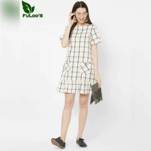 FuLoo's Salta Off-White Checked A-Line Dress for Women