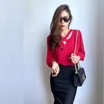 V-Neck Summer Long Sleeves Chiffon Front Cross Choker Neck Plain  T-Shirt
