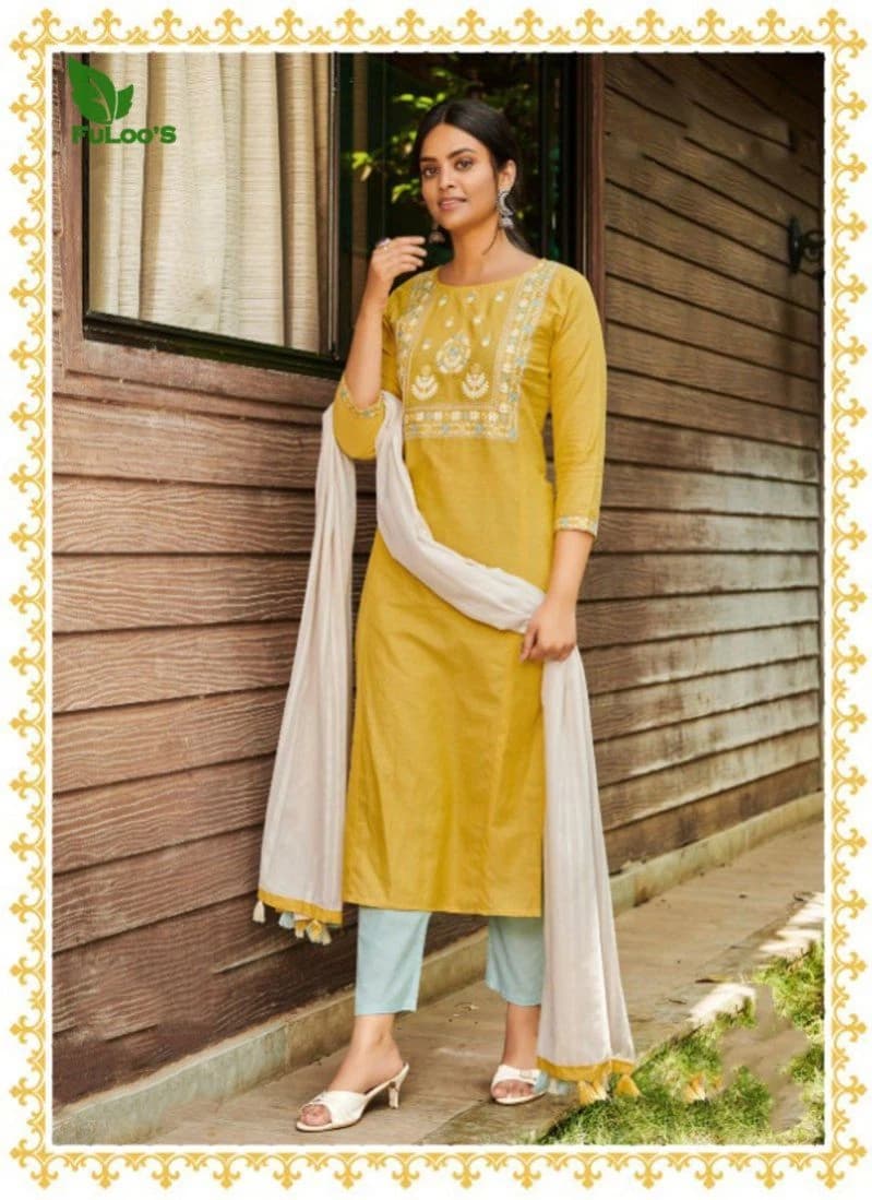 FuLooS Simi Cotton Embroidered Kurtis with Pants and Chunni #04
