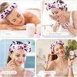 3Pcs Pink Leopard Print Spa Headband and Wristband Set - Puffy Sponge Makeup Hairband & Water Absorbent Wrist Washbands Skincare Combo Pack for Women & Girls