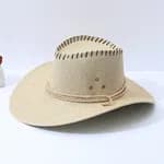 Unisex Wide Brim Linen Straw Cowboy Hat - Breathable Summer Beach Sun Protection Cap with Adjustable Wind Rope for Men & Women
