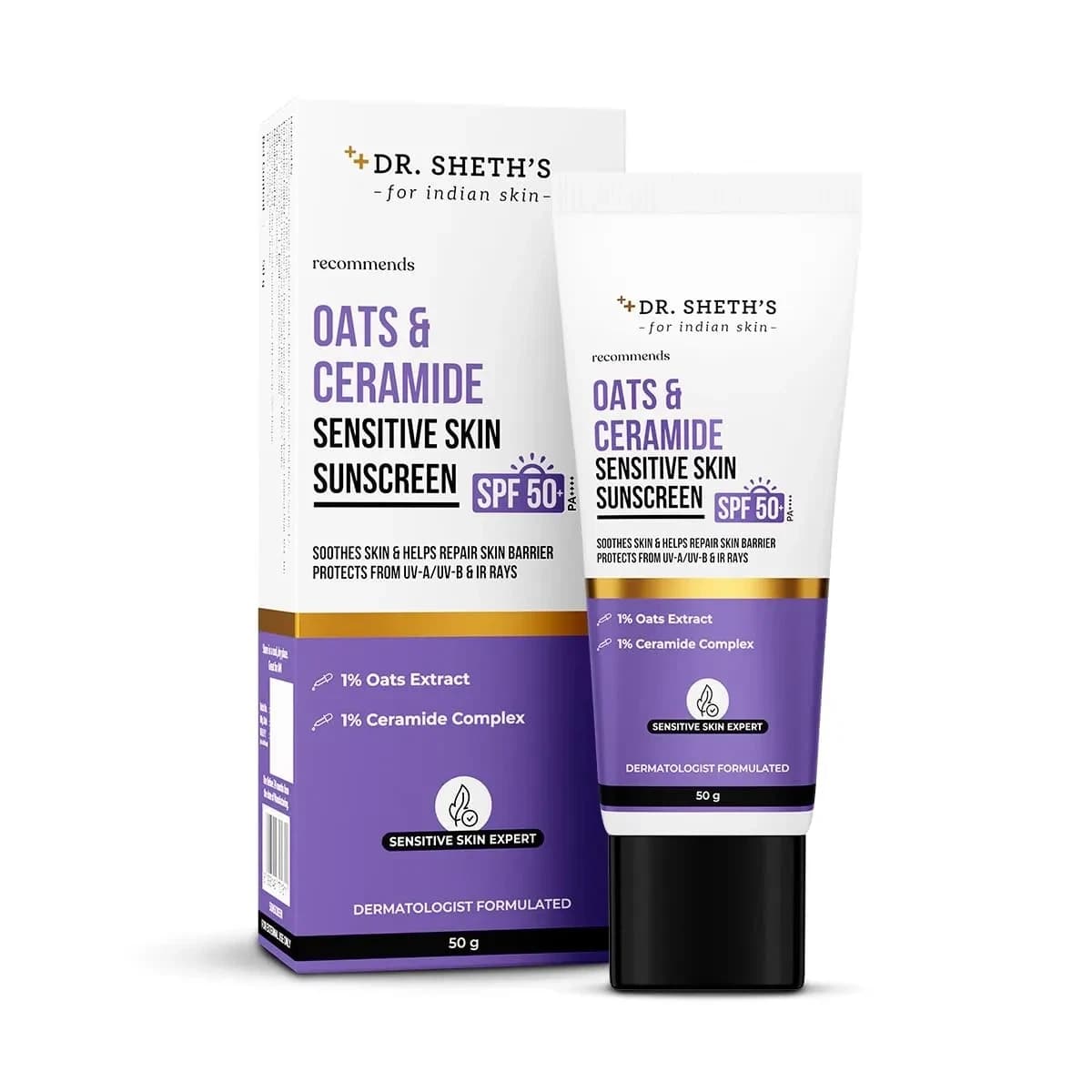 Dr. Sheth's Oats & Ceramide Spf 50+ Pa++++ | Oil-Free Sunscreen For Sensitive Skin 50g