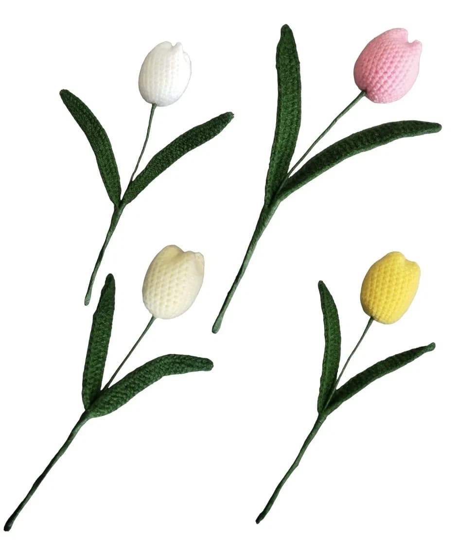 Crochet 4 Differnt Colour Tulip Flower with Fine Leaf -4Pcs